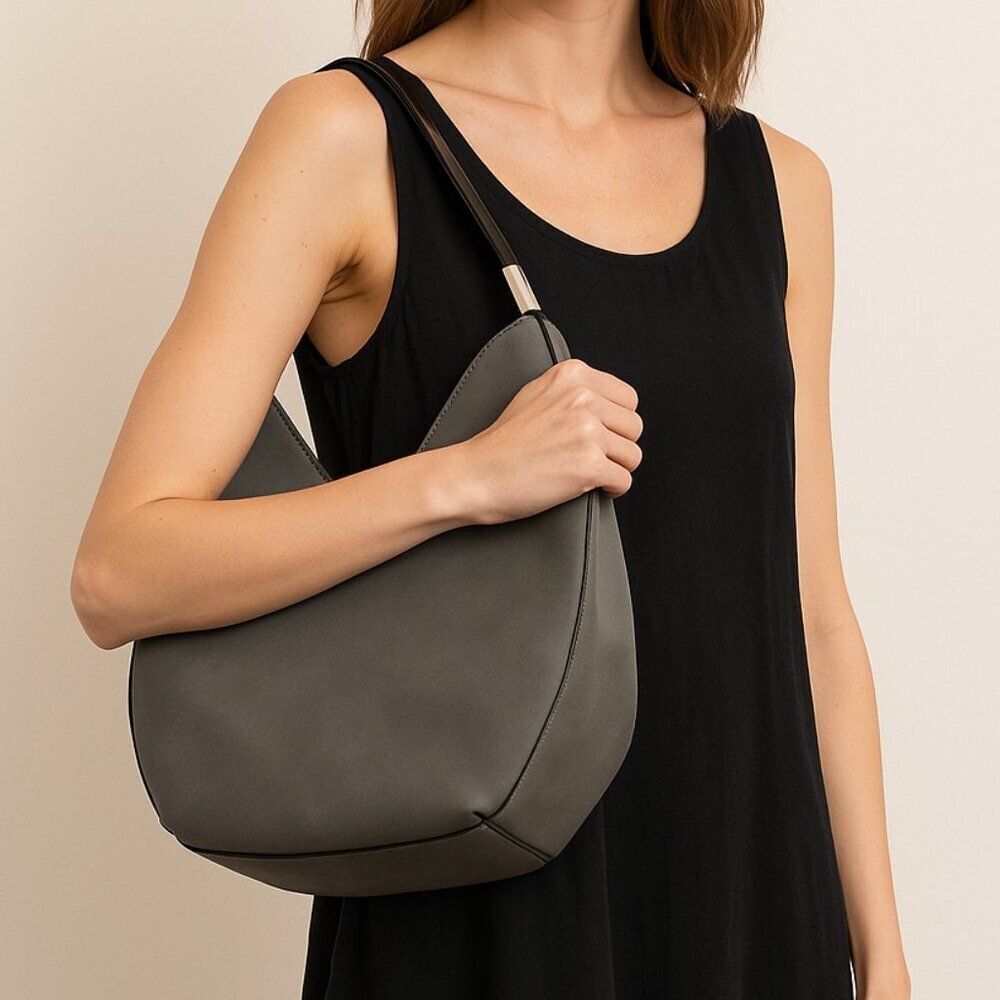 Alfani Gray Faux Leather Hobo Shoulder Bag | Slouchy Modern Tote - Picture 1 of 6